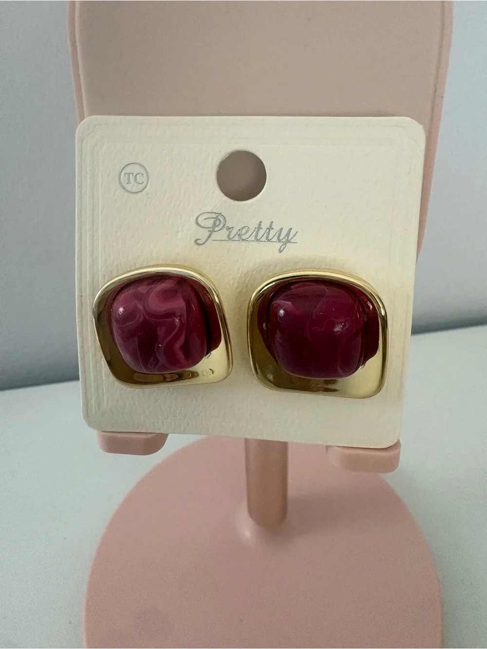 Pretty Gold Tone & Deep Pink Square Stud Earrings